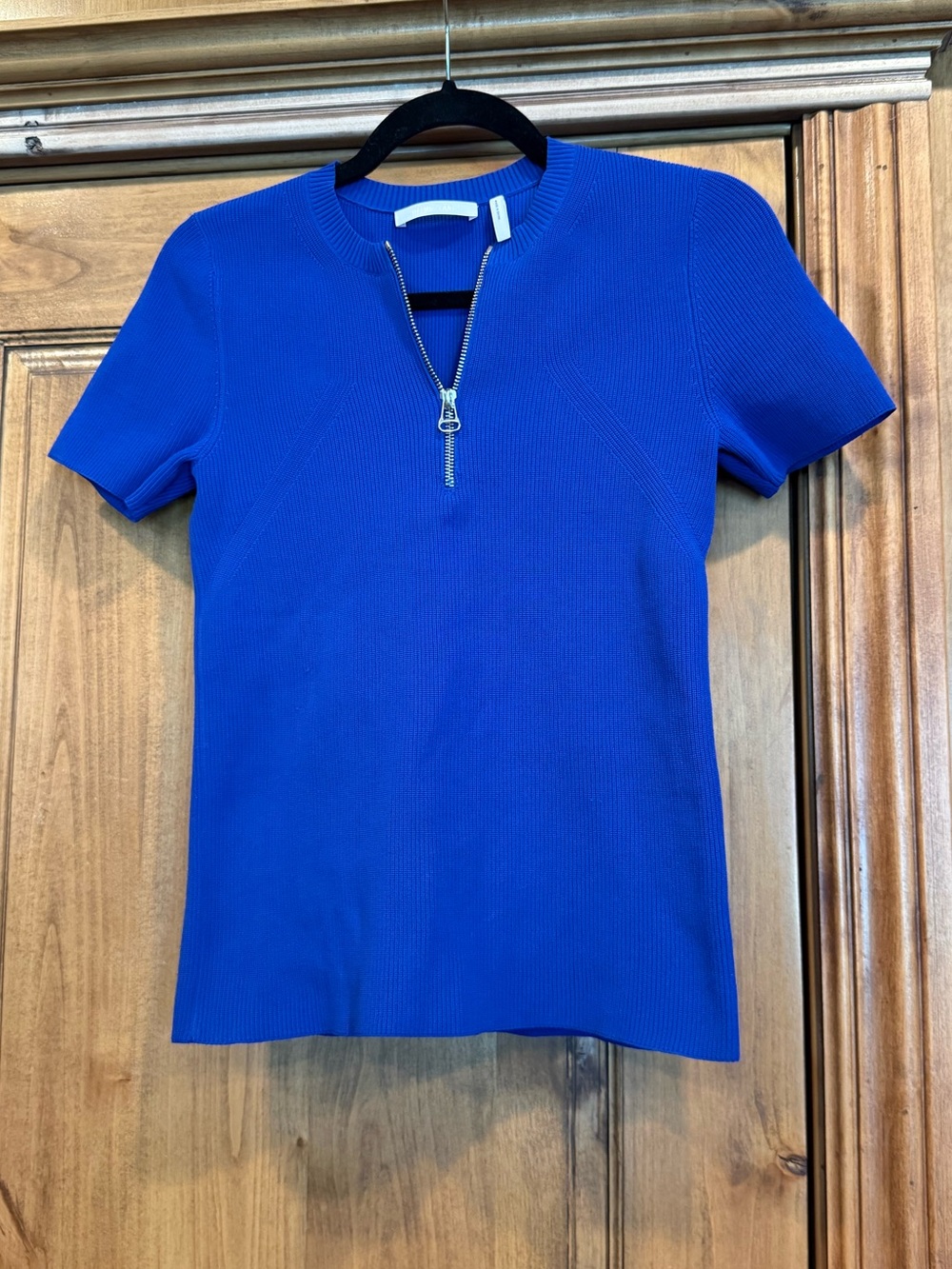 Helmut Lang Cobalt Blue Ribbed Knit Half Zip Top Short Sleeve Size S